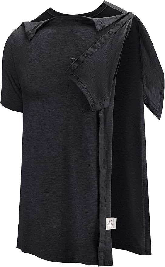 Poriff Men's Post Shoulder Surgery Recovery Shirts Full Tear Away Short Sleeve Snap Chemo Port Access Shirt