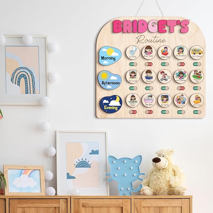 Wooden Chore Chart for Kids Visual Schedule, Routine Chart for Kids, Morning Bedtime Routine Chart for Toddlers Ages 2-4, Daily Kids Schedule Board for Home (17)