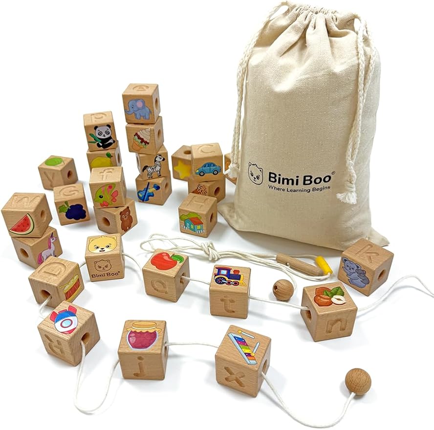 Bimi Boo Alphabet Lacing Beads for Toddlers - ABC Fine Motor Letter Threading Wooden Toy with Objects & Animals (26 Large Stringing Blocks, 2 Ropes, Cotton Bag)