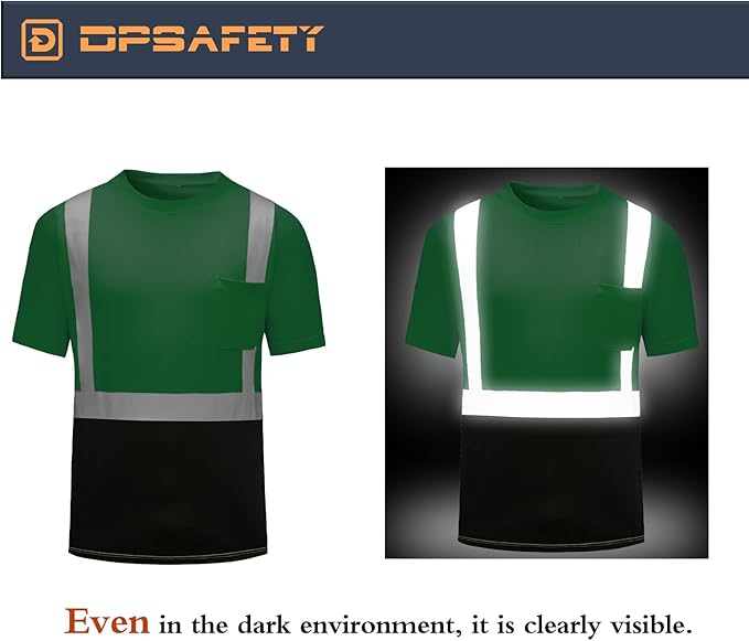 High Visibility Shirts Quick Dry Safety T Shirts with Reflective Strips and Pocket Short Sleeve Mesh Hi Vis Construction Work Class 2 Shirt for Men/Women Black Bottom Green,Small