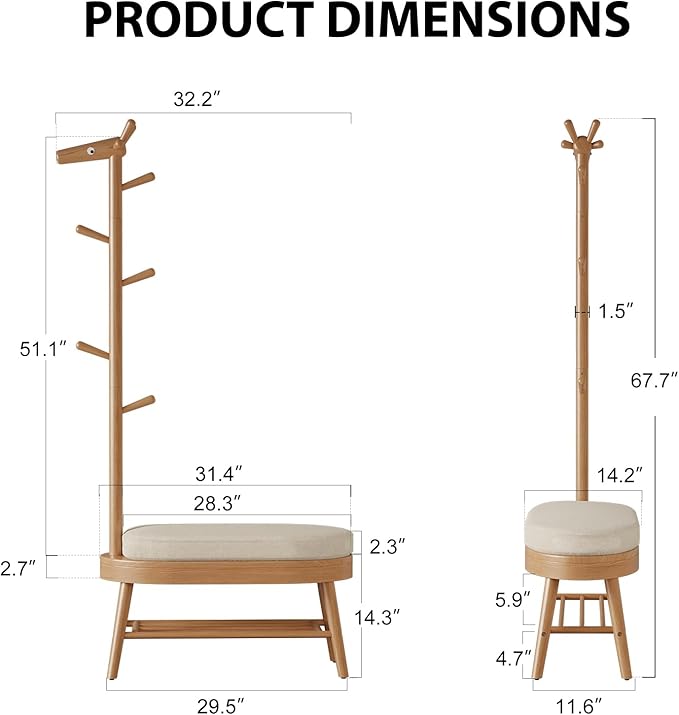 AQIMUELE Shoe Bench Entryway,Coat Rack with Shoe Storage, Coat Rack and Shoe Rack, Wooden Narrow Shoe Bench（Natural）