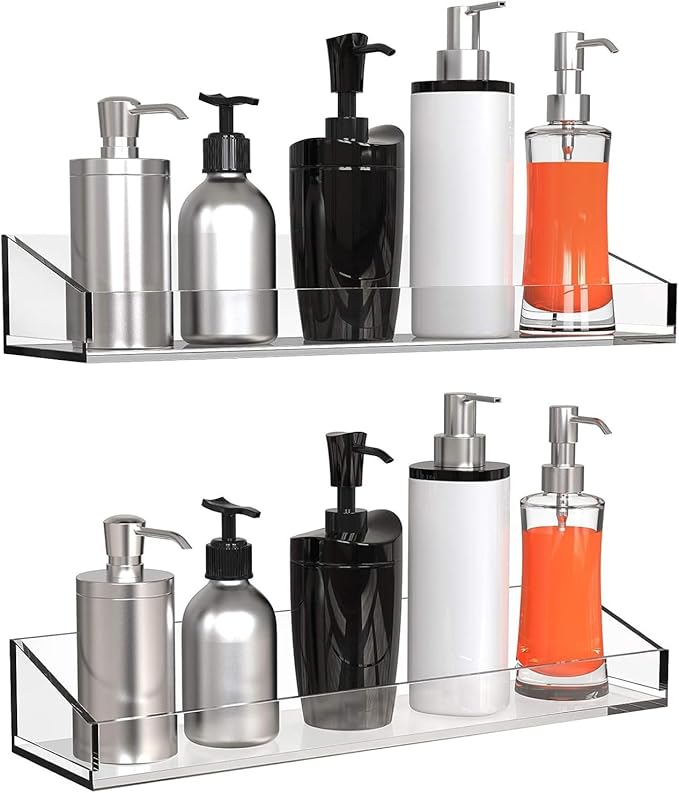 Vdomus Acrylic Bathroom Shelves, Set of 2-4" Dx15 Wx2.25 H Thick Wall Mounted Floating Shelves - Clear Storage and Display Shelving for Bathroom or Kitchen - No Drill Transparent Shower Organizer