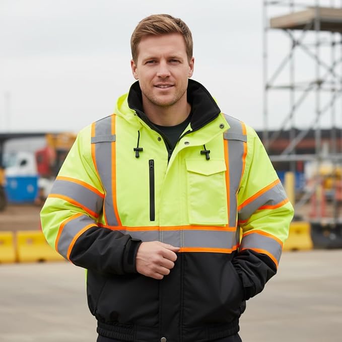 sesafety Reflective Jacket for Men, High Visibility Jackets, Safety Jackets for Men, Hi Vis Construction Bomber Jackets Waterproof with Pockets and Zipper, Black Bottom, Class 3