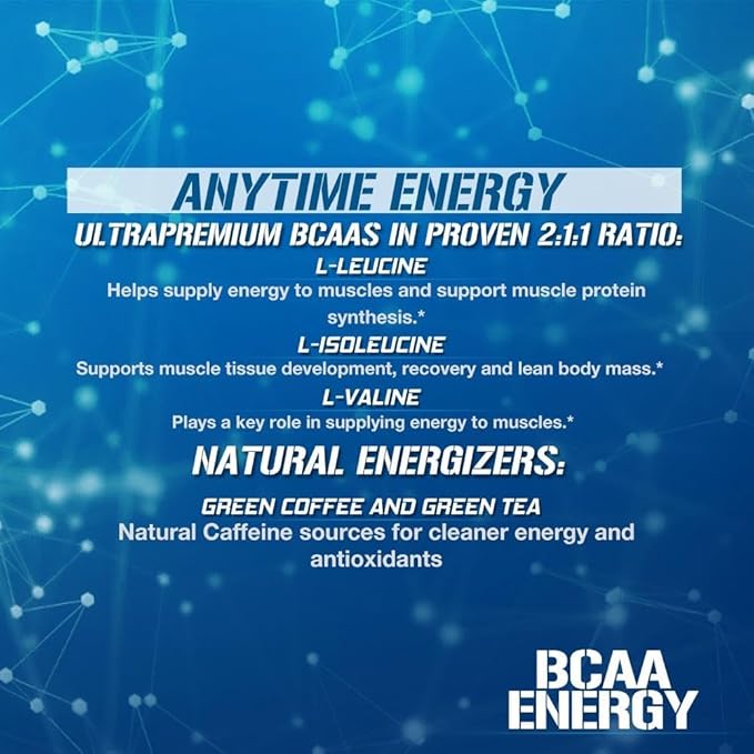 EVL BCAAs Amino Acids Powder - BCAA Energy Pre Workout Powder for Muscle Recovery Lean Growth and Endurance - Rehydrating Post Workout Recovery Drink with Natural Caffeine - Blue Raz