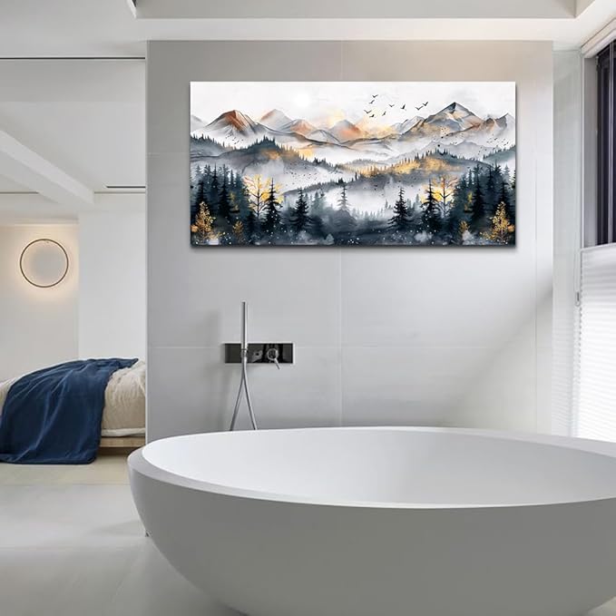 KELIYUAN Abstract Wall Decor For Bedroom Canvas Wall Art For Living Room Office Decoration Ink Mountain Landscapes Painting Misty Forest Wall Artwork Ready To Hang Room Home Decor 20"x40"
