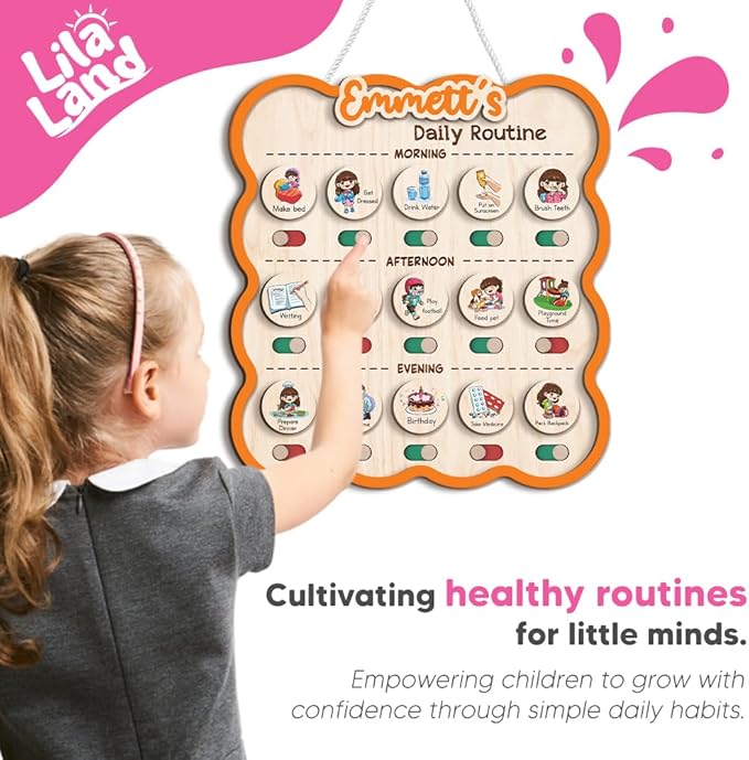 Personalized Wooden Chore Chart for Kids, Daily Routine Chart for Toddlers, Visual Schedule for Kids Age 3-5, Morning Bedtime Routine for Girls (06)