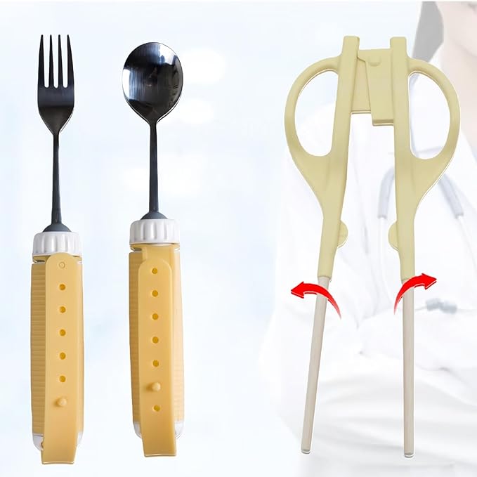 Auxiliary Tableware,Feeding/Elderly/Anti-shake Spoon,Fork, Fork and Spoon,Three-piece Set, yellow Handle Belt.