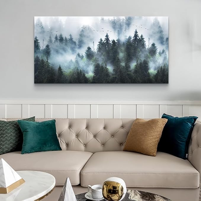 DZRWUBHS Canvas Wall Art - Large Size Modern Wall Decor for Living Room, Office, Bedroom - Foggy Forest Trees Landscape Painting - 20"X40"