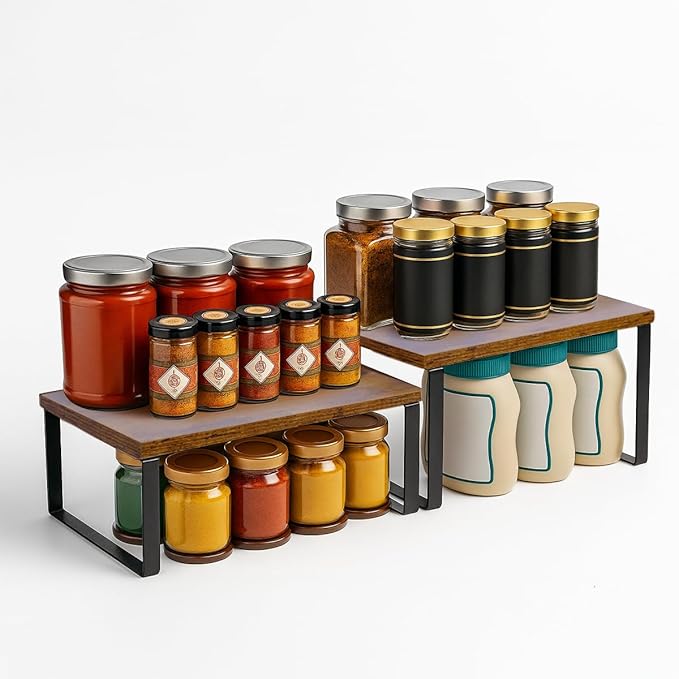 Sben Cabinet Organizer Shelf, Set of 2 Kitchen Counter Shelves, Kitchen Storage, Spice Rack, Stackable, Expandable, Metal and Engineered Wood, Ink Black and Rustic Brown