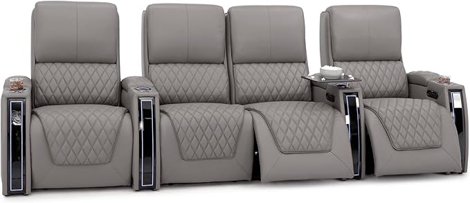 Seatcraft Apex Zero-Gravity CoolZero Italian Leather Home Theater Seating, Powered Headrest, Powered Lumbar, Powered Recline, Row of 4 Middle Loveseat, Gray