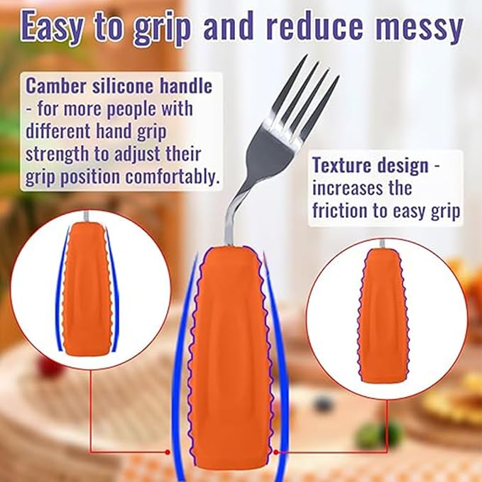 Adaptive Utensils,Weighted Angled Silverware,Parkinsons Aids,Angled Silverware Spoon and Fork Set for Elderly, Arthritis, Dementia, Disable, Handicapped Hands (Left Hand,Pack of 2,Orange)