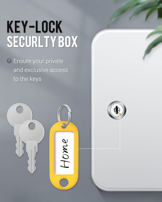 Uniclife 20 Position Key Cabinet with Key Lock Wall Mounted White Security Storage Box Steel Key Organizer with Colorful Key Tag Labels Identifiers Stickers and Hooks