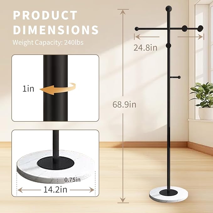 Modern Metal Coat Rack Stand, Heavy Duty T-shaped Coat Rack Freestanding with Natural Marble Base, 8 Hooks, Ideal for Bedroom, Entryway, Hallway, Office, Gifts for Women, for Mom, for Men (Black)