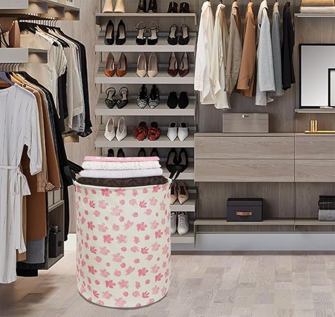 19.7 Inch Pink Flower Laundry Clothes Hamper Laundry Basket with Handles,Storage Organizer Bins Laundry Gift Basket for Room, Bedroom Decor