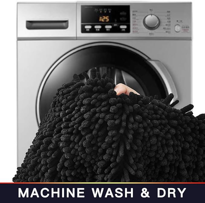 Walensee Bathroom Rug Non Slip Bath Mat (44x24 Inch Black) Water Absorbent Super Soft Shaggy Chenille Machine Washable Dry Extra Thick Perfect Absorbant Best Large Plush Carpet for Shower Floor