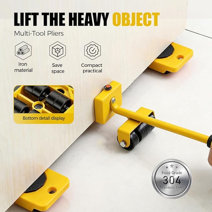 Easy Furniture Lifter Mover, Heavy Furniture Mover Tool Set with Adjustable Height Lifting Tool Lever & 4 Wheels, Floor Kit for Sofas & Kitchen Appliances