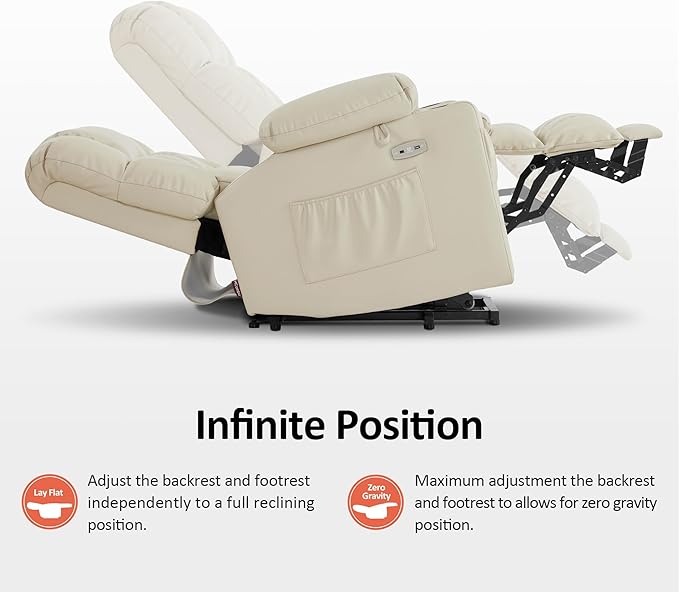 MCombo Dual Motor Small Power Lift Recliner Chair for Elderly, Lay Flat Lift Chair with Heat and Massage, Petite Lift Chair, Cup Holders, Faux Leather 7893 (Cream White, Small)