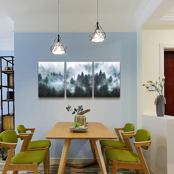 DZRWUBHS Canvas Wall Art - Modern Family Decor For Living Room, Bedroom & Office - Foggy Forest Trees Landscape Wall Painting - 3 Piece Set