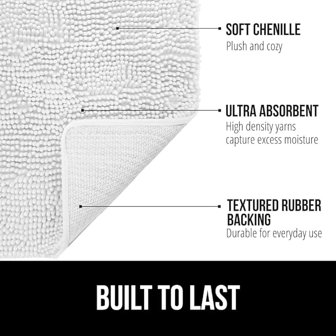 GORILLA GRIP Bathroom Rug Sets 3 Piece, Bath Mat Set and Oval Toilet Base with Rubber Backing, Plush Absorbent Shaggy Chenille Washable Mats, Includes 24x19.5, 24x17 and 30x20 Inch Rugs, White