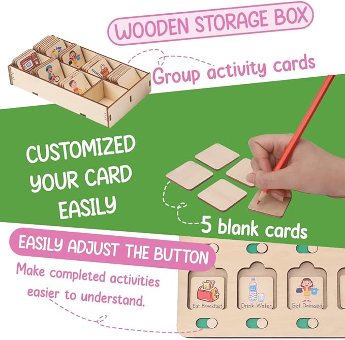 Wooden Chore Chart for Kids Visual Schedule, Routine Chart for Kids, Morning Bedtime Routine Chart for Toddlers Ages 2-4, Daily Kids Schedule Board for Home (03)