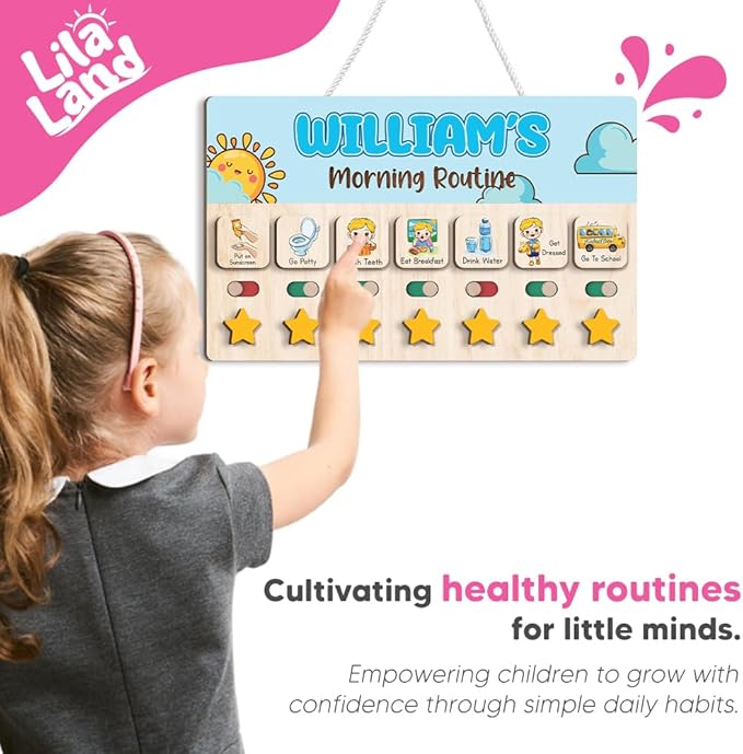 Wooden Chore Chart for Boys, Daily Routine Chart for Kids, Visual Schedule, Chore Reward Chart, Bedtime Morning Routine Chart for Toddlers (03)