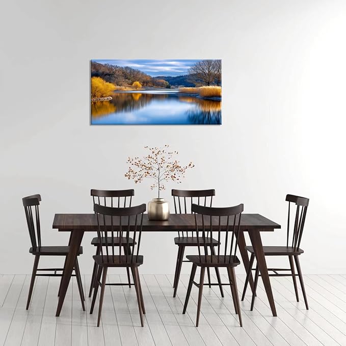 Beautiful Yellow Forest Park Wall Art for Living Room Office Calm Lake Blue Painting Prints Nature Autumn Canvas Artwork Over The Couch Bedroom Decor