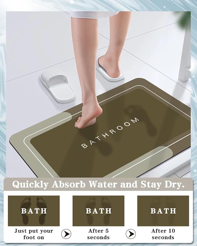 Bath Mat, Bathroom Mat Rugs Super Absorbent Shower Mats Non Slip Quick Dry Thin Rubber Mats for Bathroom Floor Fit Under Door, Shower Rug for Bathtub, Shower, Brown