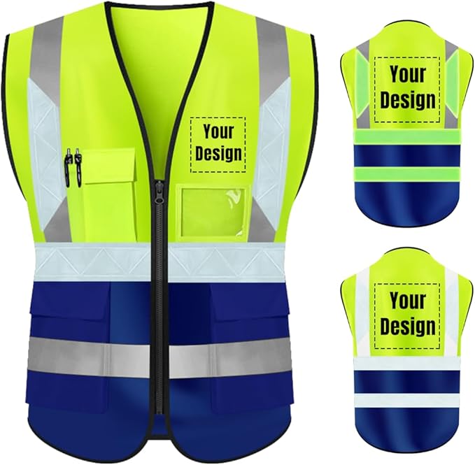 YOWESHOP High Visibility Safety Vest Custom Your Logo Protective Workwear 5 Pockets With Reflective Strips Outdoor Work Vest (M, Yellow Navy Luminous)