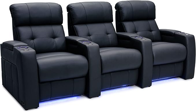 Seatcraft Kodiak Zero-Gravity CoolZero Italian Leather Home Theater Seating, Powered Headrest, Powered Lumbar, Powered Recline, Row of 3, Black