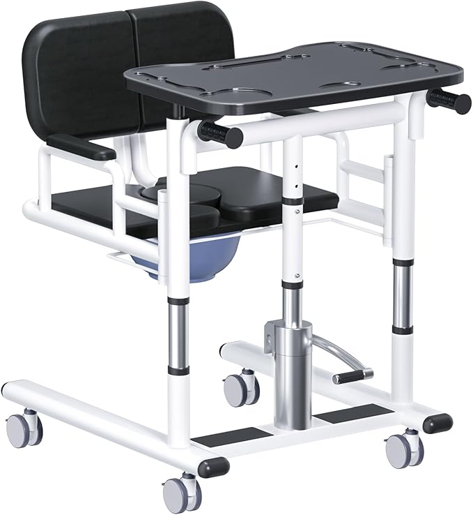 Drexo Patient Lift Transfer Chair, 5 in 1 Patient Lift Chair with 180°Split Seat, Height Adjustable Patient Transfer Chair with 4 Casters for Home Seniors Elderly, Load 450Lbs (Enlarge, Silver)