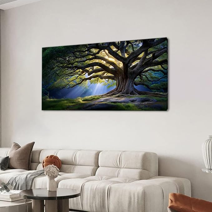 Beautiful Green Tree Scenery Wall Art for Living Room Office Scenic Landscape Nature Art Deco Brown Painting Prints Elegant Canvas Artwork Over The Couch Bedroom Decor Extra Large