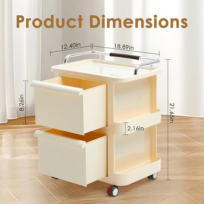 2-Tier Rolling Cart with Drawers - Mobile Storage Rolling Cart with Open Shelves, Lockable Casters, Multi-functional storage for Kitchen, Bathroom, Craft, Bedroom, Beige