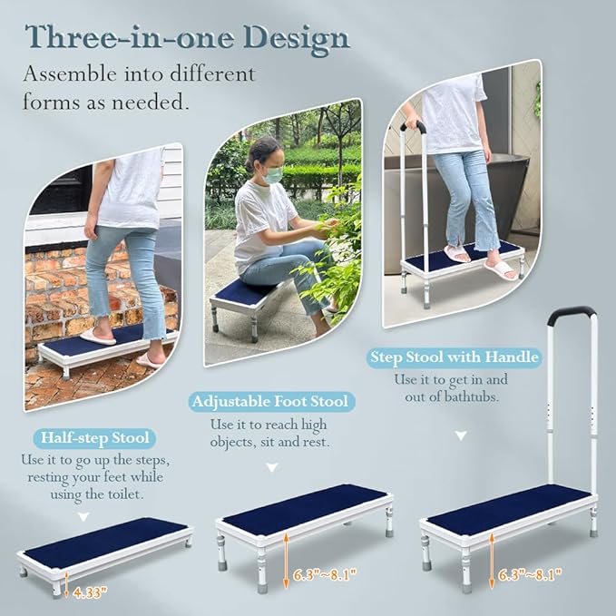 Medical Step Stool with Handle Bed Steps for High Beds for Adults Elderly 3-in-1 Safety Bed Handle Bedside Assist Handicap Wide Foot Step Stool for Bedroom, Bathtub, Car (31.5" Stool)