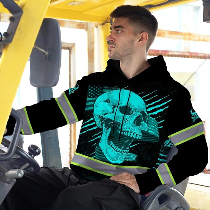 Matedecor Skull US Flag Reflective High Visibility Hoodie For Men Construction Hi Vis Safety Workwear Custom Name