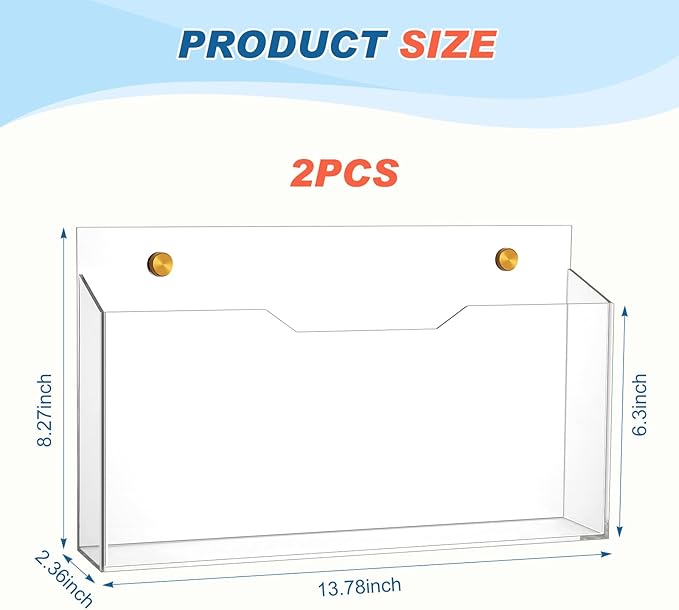 2Pcs Clear Acrylic File Holder Wall Mount Mail Magazine Organizer File Holders with Screw Wall Pocket Office Document Storage Rack Magazine Letter Brochure (14"x8.3"x2.4",Widening Horizontal)