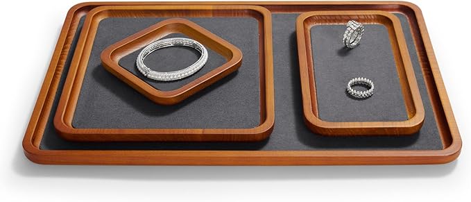 Oirlv Solid Wood Jewelry Display Tray Small Jewelry Tray Rings Earrings Bracelets Necklace Holder Organizer(Rectangle, Grey)