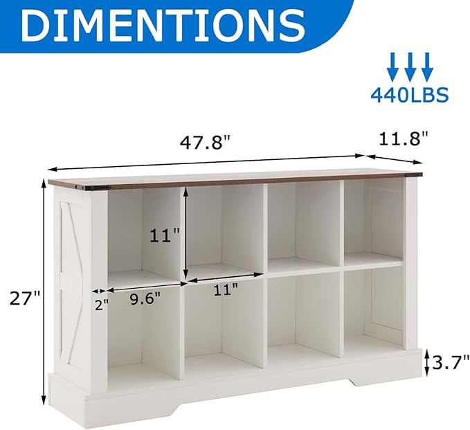 8 Cube Bookcase, Wooden Cube Storage Organizer Shelf, White Horizontal Book Shelf with LED Lights, Freestanding Display Cabinet for Living Room, Hallway TV Stand for Entryway