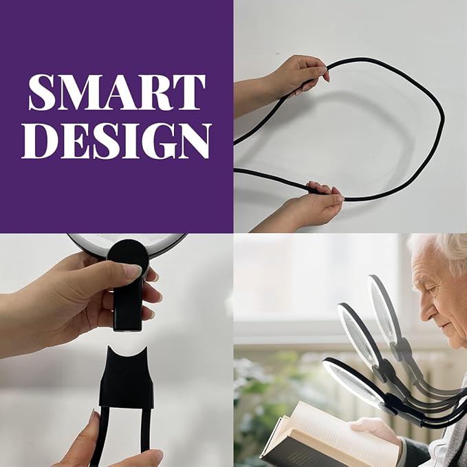 6X Hands-Free Magnifying Glass & Goose Neck Magnifier with Light | Neck-Worn Rechargeable for Reading, Crafts, Cross Stitch | Large View for Low Vision Seniors & Close Work