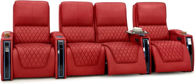 Seatcraft Apex Zero-Gravity CoolZero Italian Leather Home Theater Seating, Powered Headrest, Powered Lumbar, Powered Recline, Row of 4 Middle Loveseat, Red