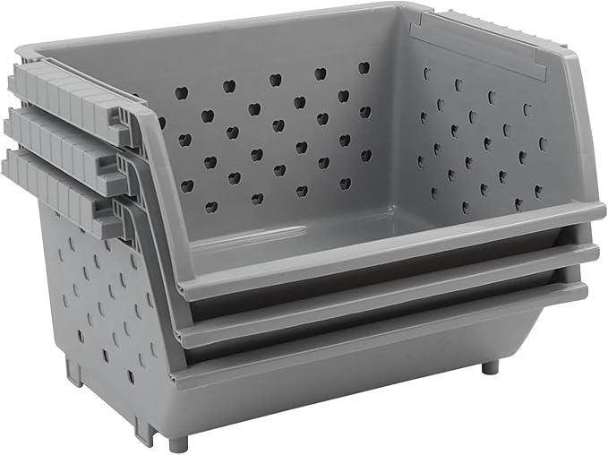 3 Pack Stacking Open Front Storage Bins, Gray Stackable Pantry Basket Plastic