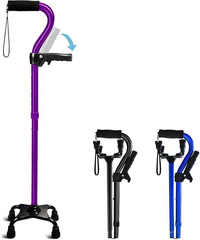 Adjustable Walking Cane for Men & Women with 4-Pronged Base for Extra Stability - Foldable Cane for Seniors with Foam Padded Offset Handle for Soft Grip & a Second Handle for Standing