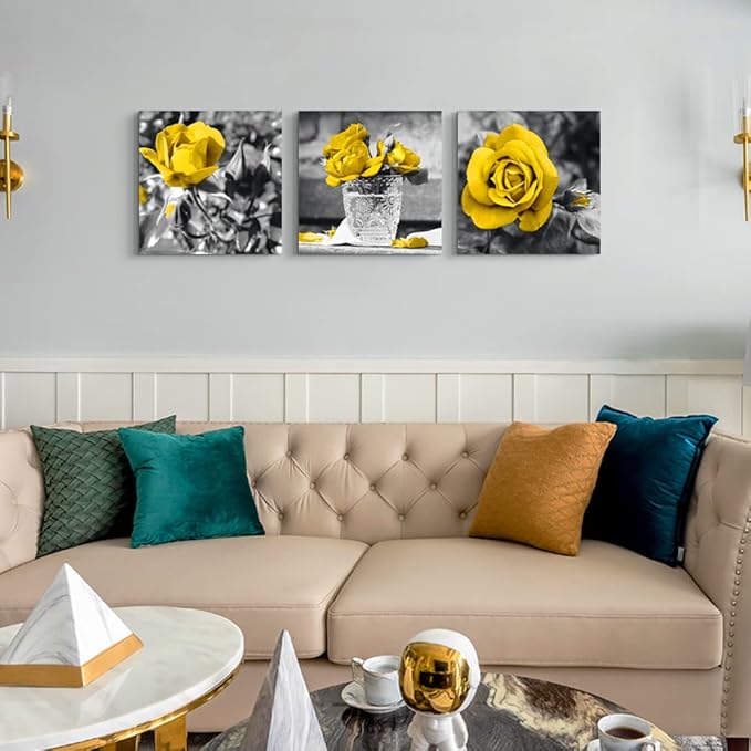 TTHYUEWS Canvas Wall Art For Bedroom Decor Kitchen Living Room Girls Decorations Black And White Pictures Artwork Yellow Rose Flowers Prints Bathroom Home 3 Piece