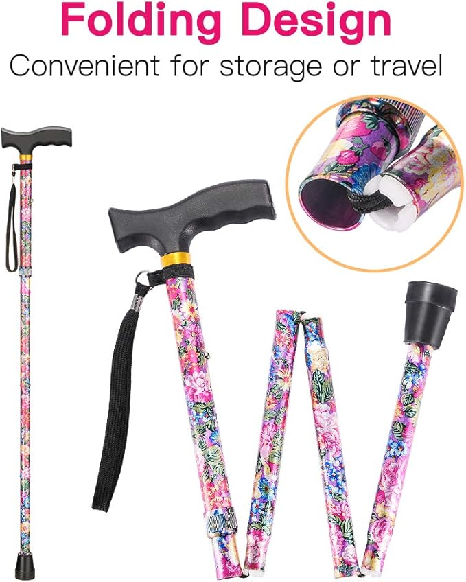 Walking Cane LIXIANG Cane for Man/Woman | Mobility & Daily Living Aids | 5-Level Height Adjustable Walking Stick | Comfortable Plastic T-Handle Portable Walking Stick Folding Cane