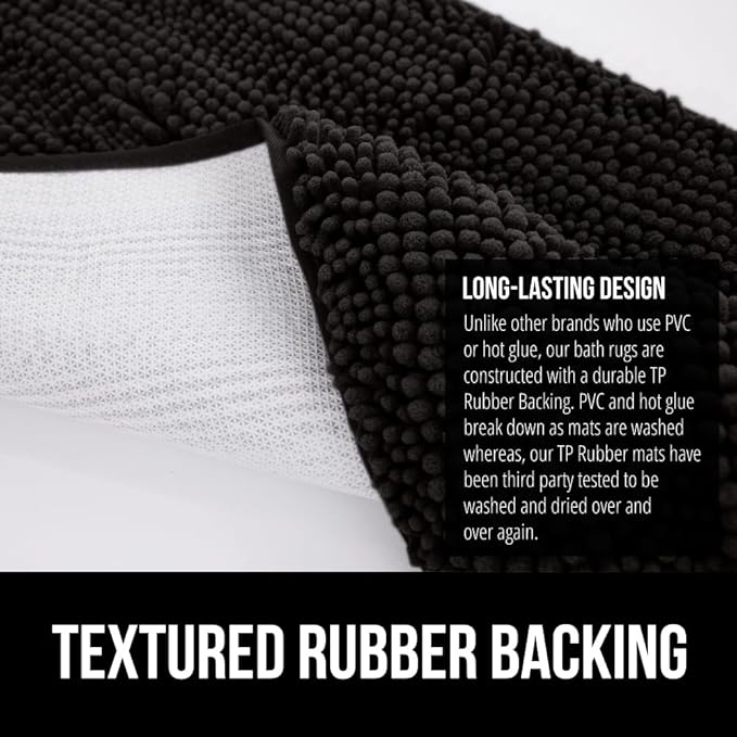 GORILLA GRIP Bathroom Rug Sets 3 Piece, Bath Mat Set and Oval Toilet Base with Rubber Backing, Plush Absorbent Shaggy Chenille Washable Mats, Includes 24x19.5, 24x17 and 30x20 Inch Rugs, Black