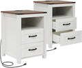White Night Stand Set of 2, Rustic End Table with Charging Station, Farmhouse Tall Nightstand for Bedroom, Drawer Dresser Bedside Table with Open Storage Shelf