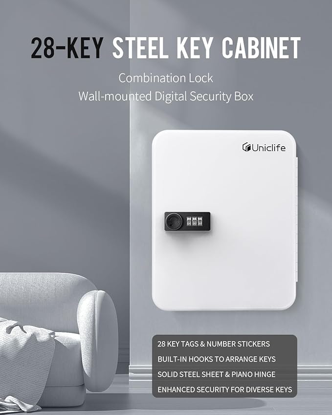 Uniclife 28-Key Steel Key Cabinet with Combination Lock Wall Mounted Key Organizer with Resettable Code White Digital Security Box with Hooks and Large Key Tag Labels Identifiers in 5 Assorted Colors