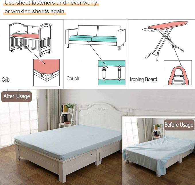 4Pcs Adjustable Bed Sheet Straps Clips, Elastic Mattress Sheet Fasteners Holder and Suspenders, Grippers to Hold Sheet, Mattress, Sofa, Couch, Table Cloth, Recliner Ironing Board Cover and More