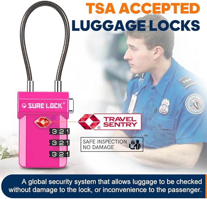 SURE LOCK TSA Approved 3-Digit Combination Luggage Locks – Open Alert Indicator, Re-settable Code with Zinc Alloy Body, Easy-Read Dials for Suitcase, Backpack, Gym Locker & Toolbox (Multiple Colors)