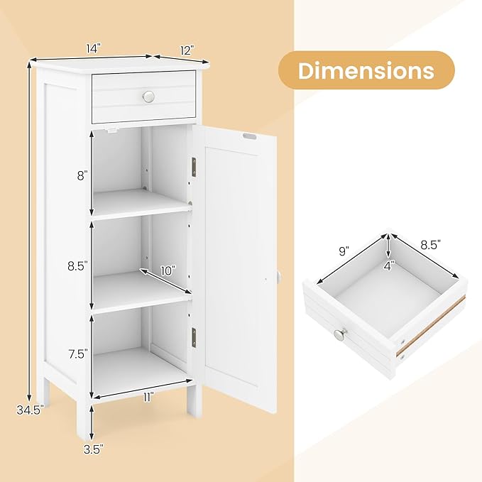 GLACER Floor Storage Cabinet, Multifunctional Bathroom Storage Cabinet with 2 Adjustable Shelves, Ideal for Bathroom, Living Room, 14 x 12 x 34.5 inches (White)