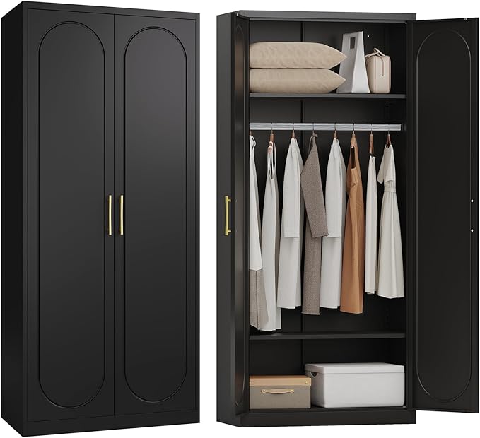 Metal Armoire Wardrobe Closet with Doors and Shelves, 71" Tall Wardrobe Closet with Hanging Rod, Freestanding Clothes Cabinets, Large Wardrobes for Bedroom, Home Office, Employee, Black